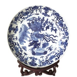 Grand plat porcelaine Ming (bleu et blanc), phénix et des 3 amis, 38 cm